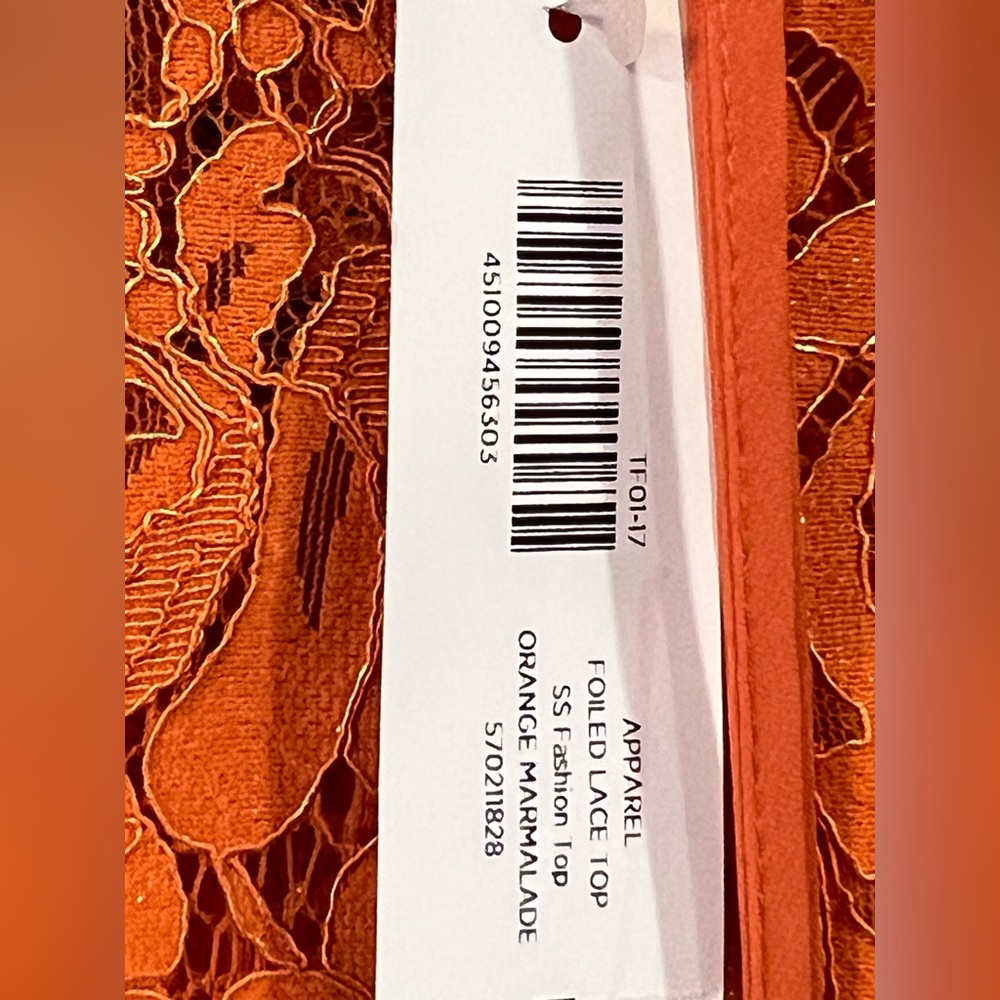 NWT  Chico’s Bright Orange Marmalade Floral Foiled Lace Short Sleeve Blouse XL - Picture 8 of 15